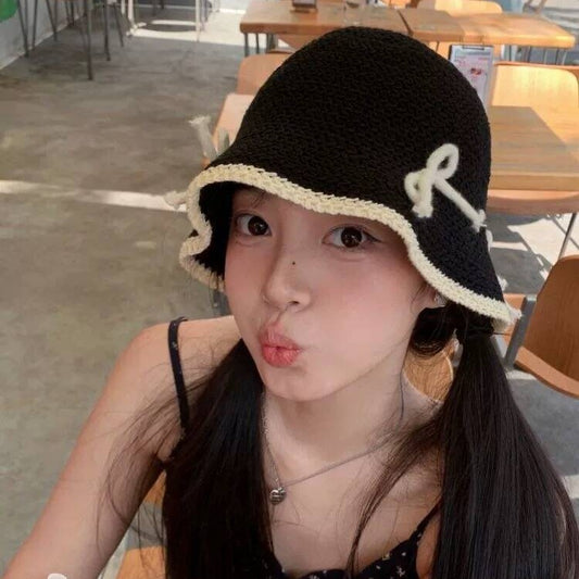 Japanese Cute Bow Knitted Fisherman Hat Women