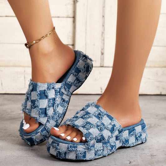Women's Fashion Slope Heel Thick Bottom Outside Wear Denim Slippers