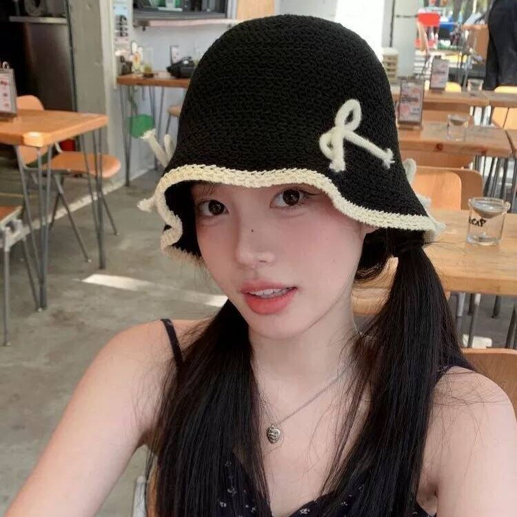 Japanese Cute Bow Knitted Fisherman Hat Women