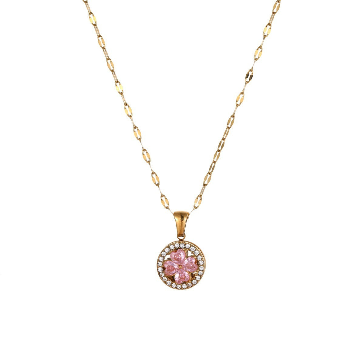 Inlaid Zircon Rotatable Clover Stainless Steel Necklace Light Luxury Titanium Steel Ring