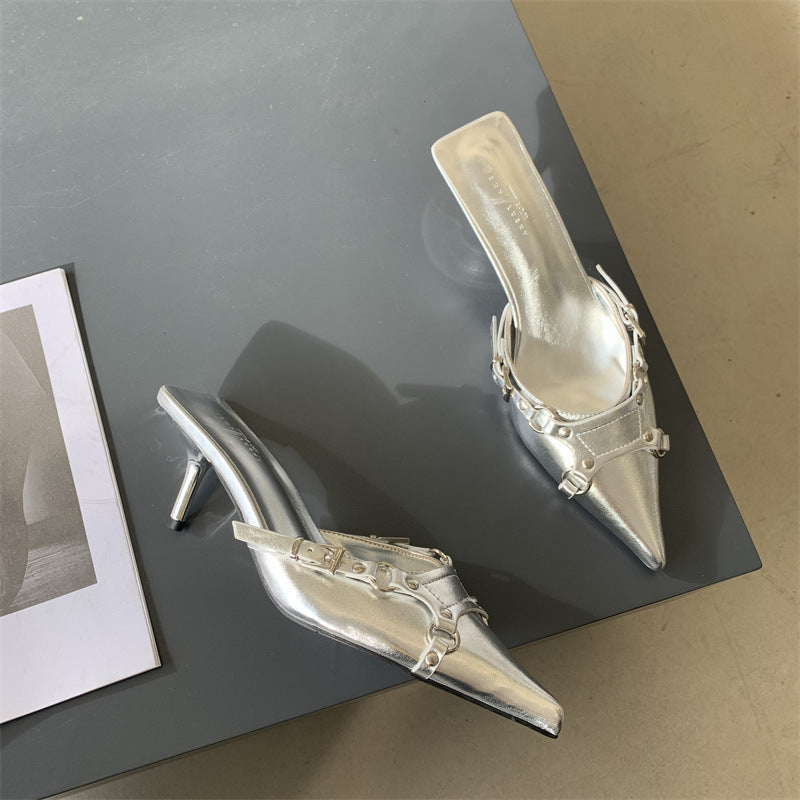 Pointed Stiletto Toe Cap Semi Slipper Belt Buckle