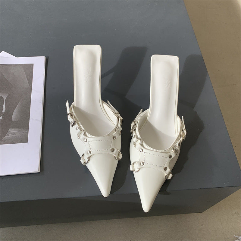 Pointed Stiletto Toe Cap Semi Slipper Belt Buckle