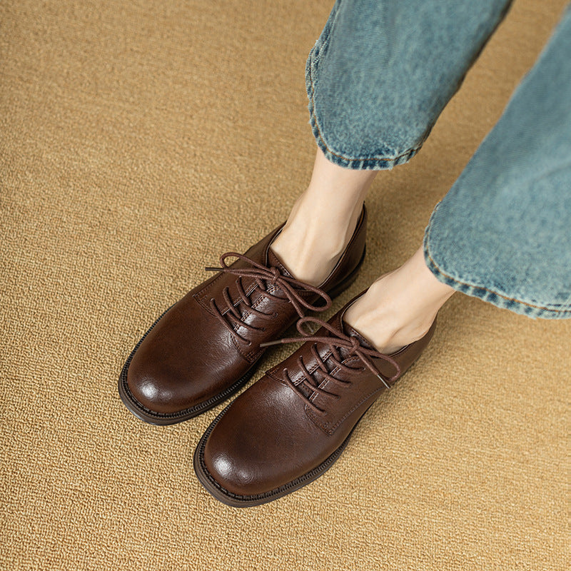 New British Style Round Toe Leather Shoes Women