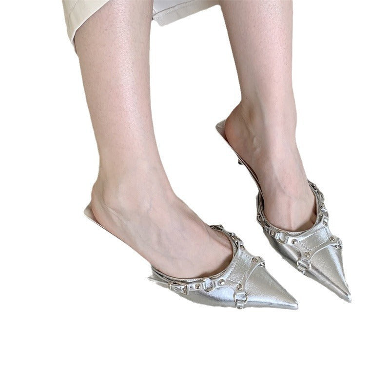 Pointed Stiletto Toe Cap Semi Slipper Belt Buckle