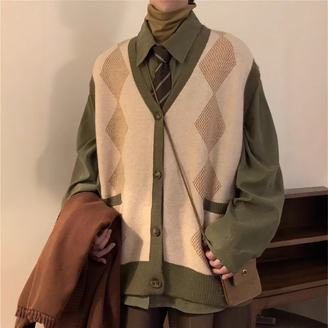 Rhombus V-neck Vest Sweater Men's Cardigan