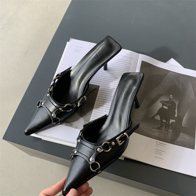 Pointed Stiletto Toe Cap Semi Slipper Belt Buckle